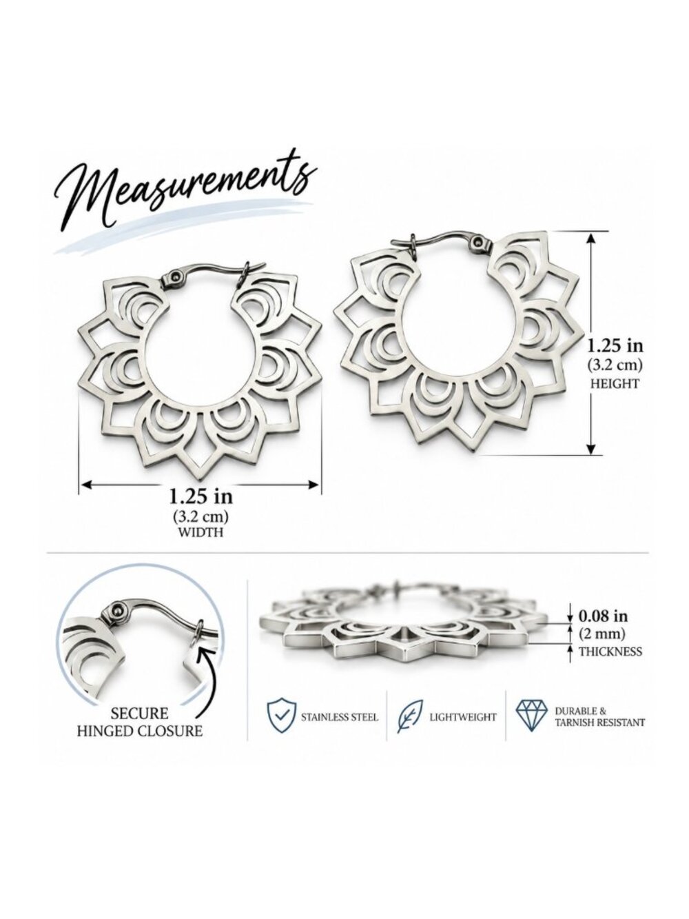 Stainless Steel Silver Lotus Flower Hoop Earrings Boho